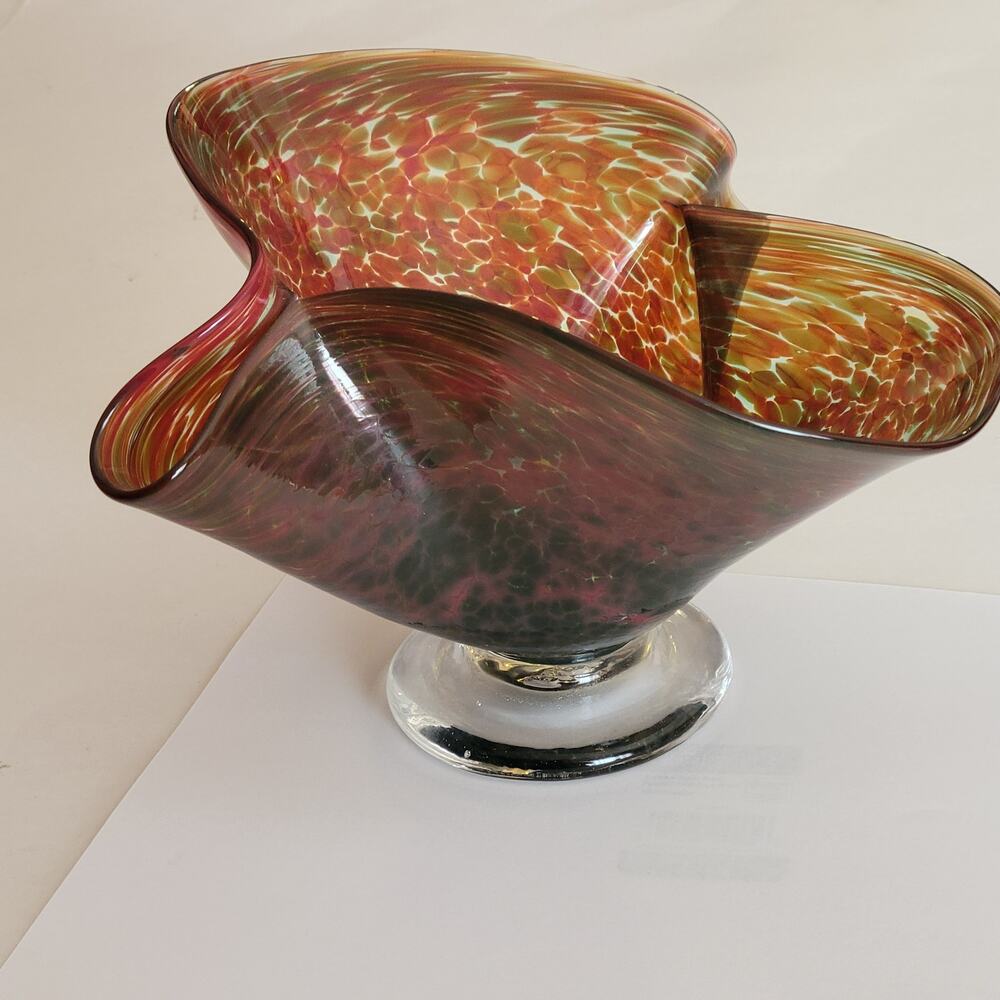 Vintage Murano Style Hand Made Glass Vase Bowl Scalloped Art glass signed